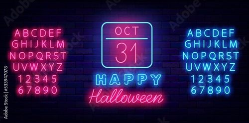 Happy halloween neon label. Light pink and blue alphabet. Calendar date icon. Vector stock illustration