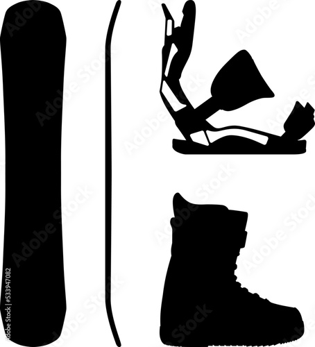 Snowboard, Snowboarding equipment set snowboard board, Snowboard bindings and Snowboard boots realistic silhouette