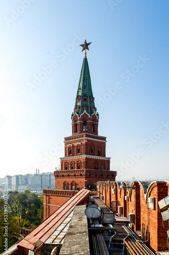 Photography Old Kremlin fortress wall and towers near Red Square in Moscow, Russia