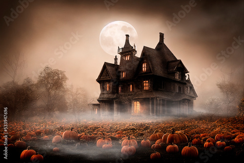 Haunted house on pumpkin field at night. Halloween design. Full moon  bare tree and old house with mist and moonlight.