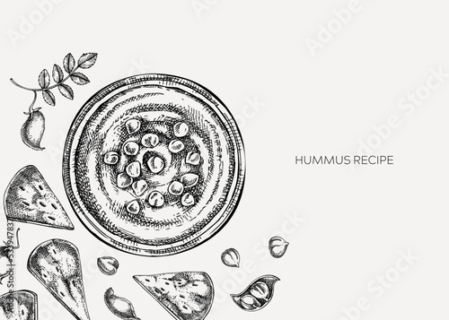 Hummus background. Mediterranean food, ingredients, plants, pita sketches. Vegan food illustration. Hand-drawn hummus in plate, pita, and chickpeas for menu, recipe, or packaging design.