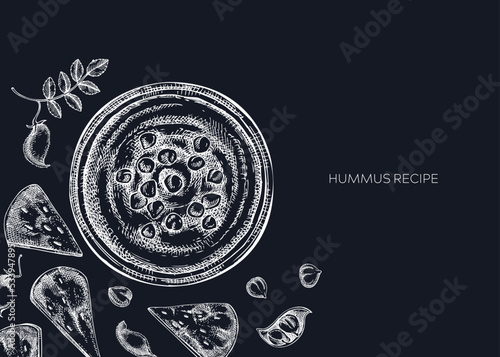 Hummus background on chalkboard. Mediterranean food, ingredients, plants, pita sketches. Vegan food illustration. Hand-drawn hummus in plate, pita, and chickpeas for menu, recipe, packaging design.