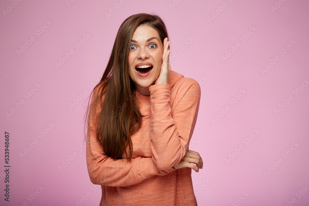 Excited surprising woman isolated female portrait. on pink background. Excited surprising woman isolated female portrait. on pink background.