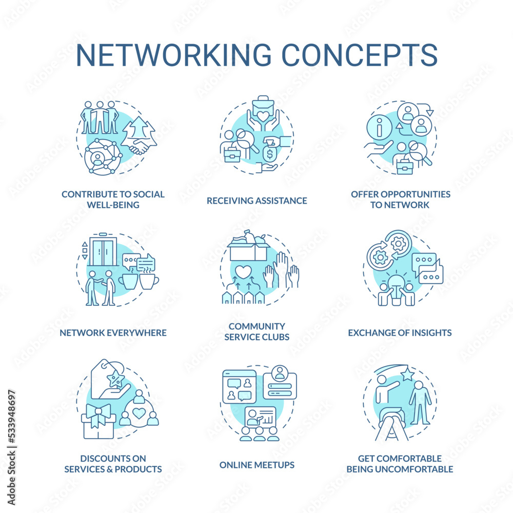 Benefits of networking blue concept icons set. Building business relationships idea thin line color illustrations. Isolated symbols. Editable stroke. Roboto-Medium, Myriad Pro-Bold fonts used