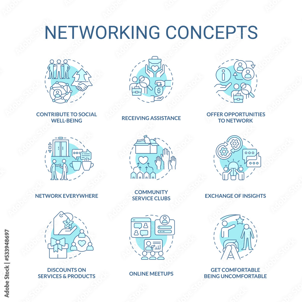 Benefits of networking blue concept icons set. Building business relationships idea thin line color illustrations. Isolated symbols. Editable stroke. Roboto-Medium, Myriad Pro-Bold fonts used Benefits of networking blue concept icons set. Building business relationships idea thin line color illustrations. Isolated symbols. Editable stroke. Roboto-Medium, Myriad Pro-Bold fonts used
