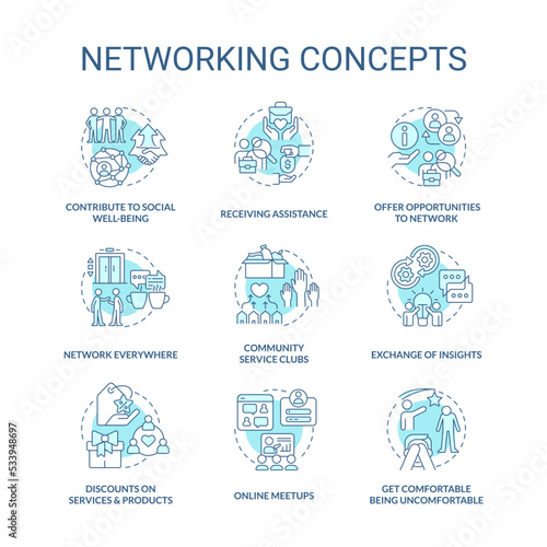 Benefits of networking blue concept icons set. Building business relationships idea thin line color illustrations. Isolated symbols. Editable stroke. Roboto-Medium, Myriad Pro-Bold fonts used