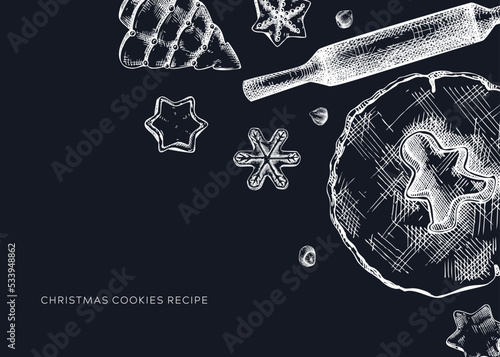 Christmas cookies banner on chalkboard. Sketched cooking process elements set: cookies, dough, rolling pin. Home-made cookies hand-drawings for Christmas decor, menu, recipe, banner, greeting cards.