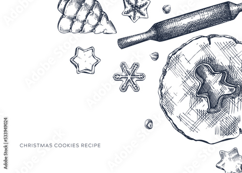 Christmas cookies banner. Sketched cooking process elements set: cookies, dough, rolling pin. Home-made cookies hand-drawings for Christmas decor, menu, recipe, banner, greeting cards.