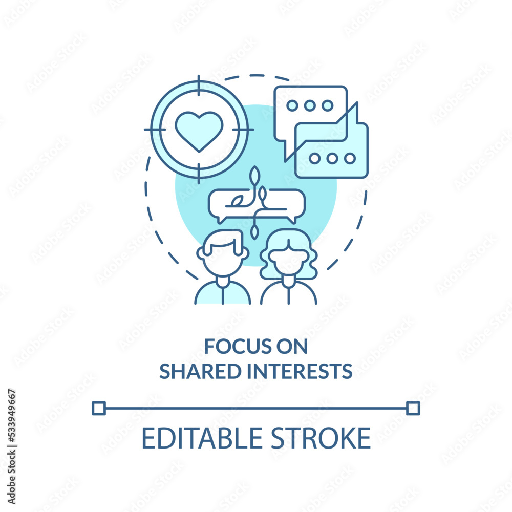 Focus on common interests blue concept icon. Relationship building. Strong connection abstract idea thin line illustration. Isolated outline drawing. Editable stroke. Arial, Myriad Pro-Bold fonts used Focus on common interests blue concept icon. Relationship building. Strong connection abstract idea thin line illustration. Isolated outline drawing. Editable stroke. Arial, Myriad Pro-Bold fonts used