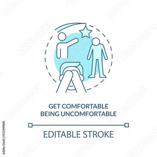 Get comfortable being uncomfortable blue concept icon. Deal with shyness. Networking abstract idea thin line illustration. Isolated outline drawing. Editable stroke. Arial, Myriad Pro-Bold fonts used