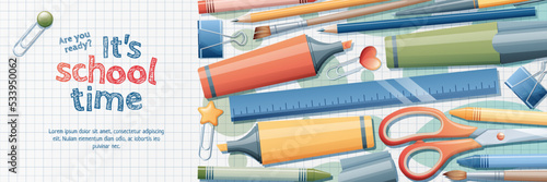Back to school banner template. Background with stationery pencils, pen, brush, scissors, paper clips. School theme, knowledge day, study