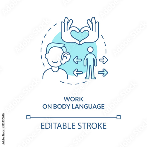 Work on body language blue concept icon. Nonverbal communication skills abstract idea thin line illustration. Isolated outline drawing. Editable stroke. Arial, Myriad Pro-Bold fonts used
