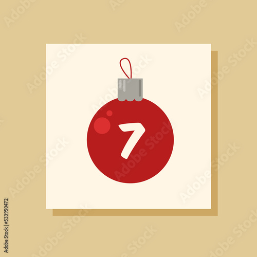 Vector сhristmas advent calendar. Winter holidays poster with date 7 of december. Christmas tree toy. New Year.