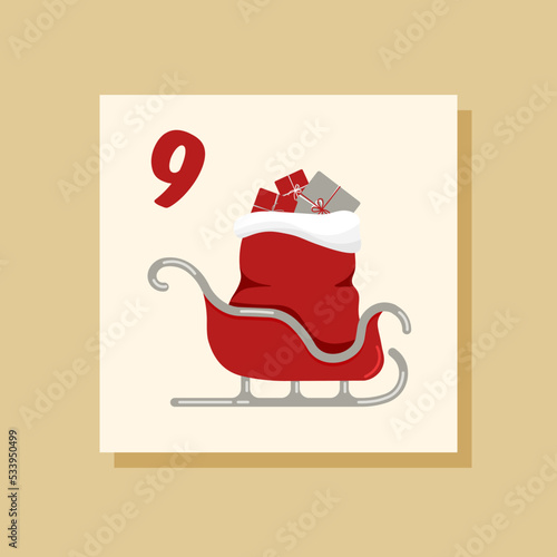 Vector Christmas advent calendar. Winter holidays poster with date 9 of december. Santa Claus sleigh with gifts. New Year.