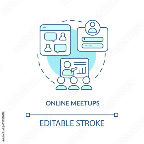 Online meetups blue concept icon. Virtual networking. Digital gathering abstract idea thin line illustration. Isolated outline drawing. Editable stroke. Arial, Myriad Pro-Bold fonts used