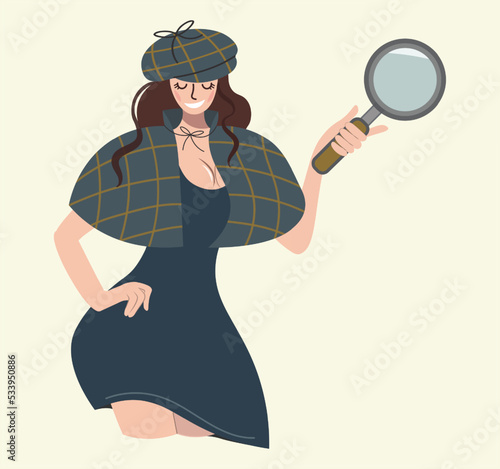 Attractive detective girl. A woman in a hat is holding a magnifying glass to look. detective agency. Character design - vector isolated illustration. Agent or spy.Retro style.