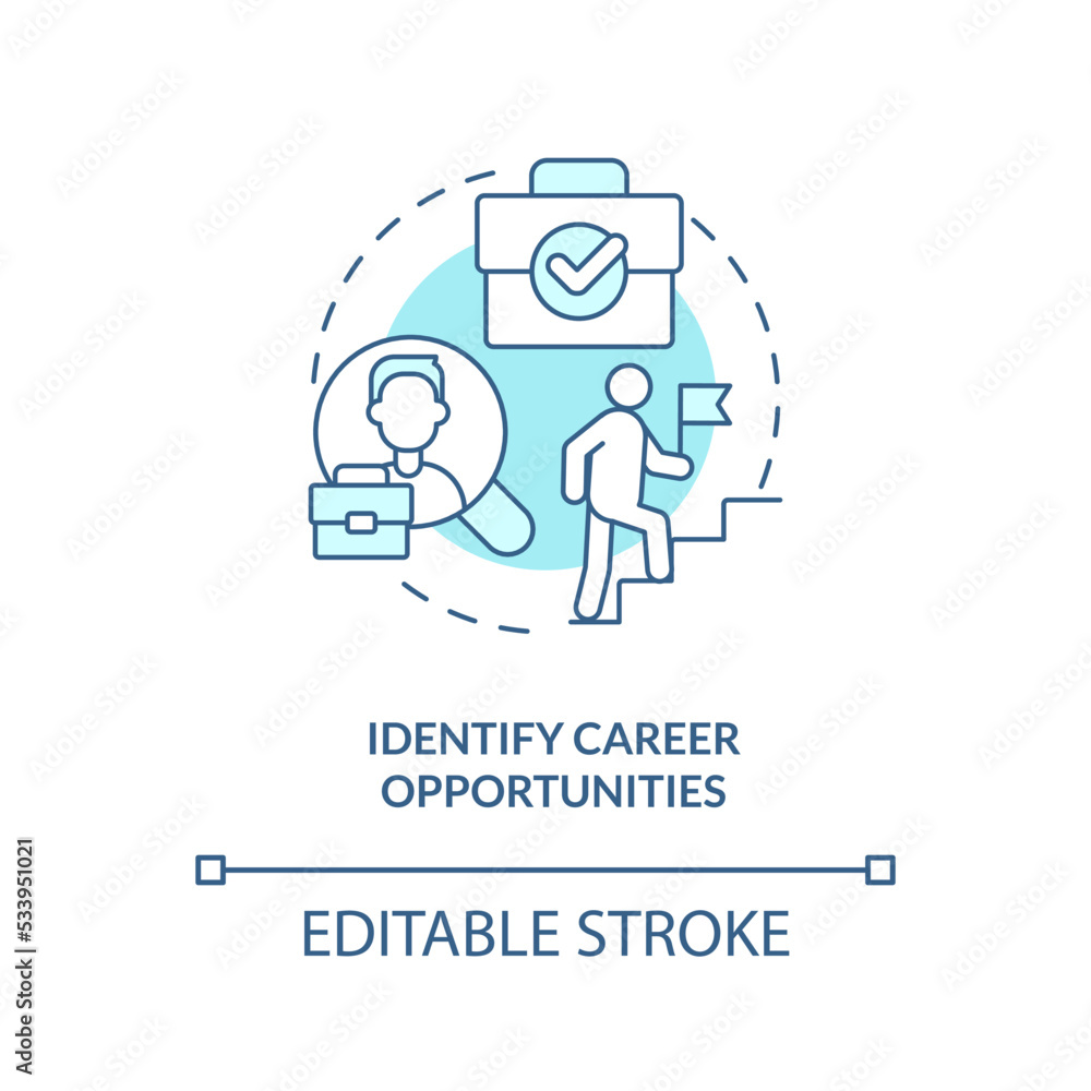 Identify career opportunities blue concept icon. Business goals. Professional growth abstract idea thin line illustration. Isolated outline drawing. Editable stroke. Arial, Myriad Pro-Bold fonts used