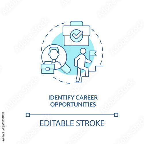 Identify career opportunities blue concept icon. Business goals. Professional growth abstract idea thin line illustration. Isolated outline drawing. Editable stroke. Arial, Myriad Pro-Bold fonts used