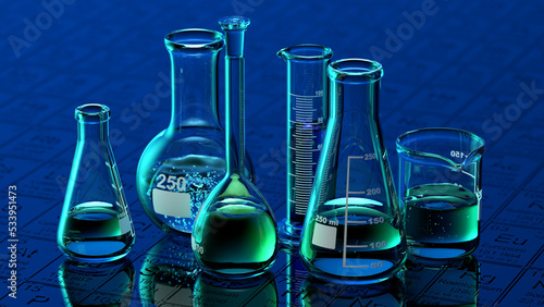 Tableau sur toile Glass chemistry lab equipment on blue background