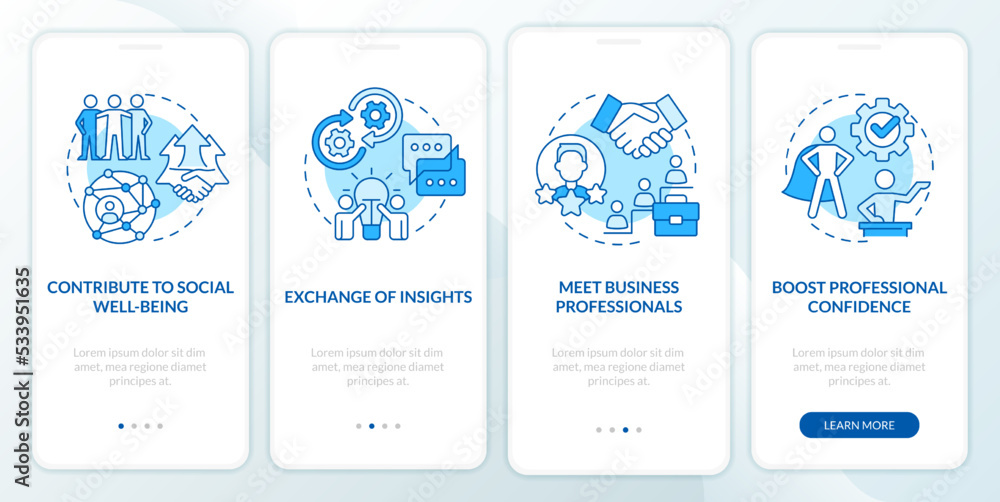 Improve professional skills blue onboarding mobile app screen. Network walkthrough 4 steps editable graphic instructions with linear concepts. UI, UX, GUI template. Myriad Pro-Bold, Regular fonts used Improve professional skills blue onboarding mobile app screen. Network walkthrough 4 steps editable graphic instructions with linear concepts. UI, UX, GUI template. Myriad Pro-Bold, Regular fonts used