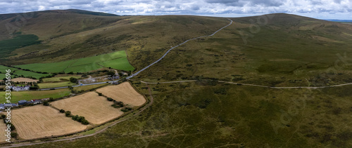 A panorama aerial view across the landscape  at Waun Mawn (source of the stones for Stonehenge) in the Preseli hills in Pembrokeshire, Wales on a summers day photo