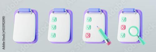 3d checklist on clipboard icons set with check mark, cross mark, pencil and magnifying glass. Render to-do or shopping, medical, business and education checklist. 3d cartoon simple vector illustration
