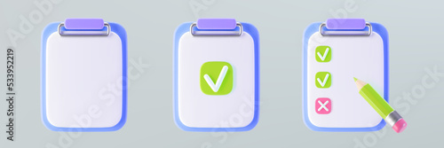 3d purple checklist on clipboard icons set with check mark, cross mark, pencil. Render to-do or shopping, medical, business and education checklist. 3d cartoon simple vector illustration.