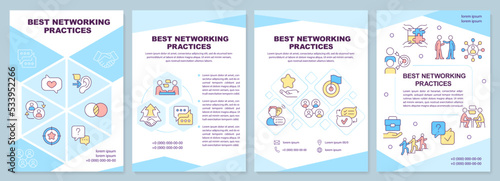 Best networking practices blue brochure template. Partnership. Leaflet design with linear icons. Editable 4 vector layouts for presentation, annual reports. Arial-Black, Myriad Pro-Regular fonts used