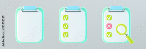 3d blue checklist on clipboard icons set with check mark, cross mark and magnifying glass. Render to-do or shopping, medical, business and education checklist. 3d cartoon simple vector illustration.