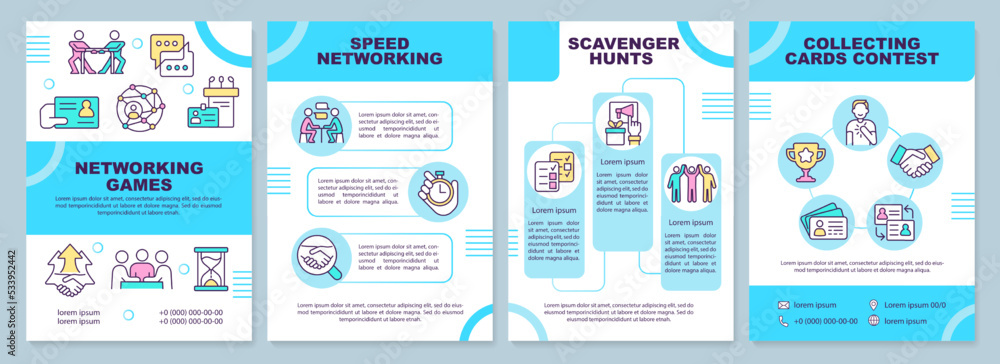 Networking games blue brochure template. Social competition. Leaflet design with linear icons. Editable 4 vector layouts for presentation, annual reports. Arial-Black, Myriad Pro-Regular fonts used