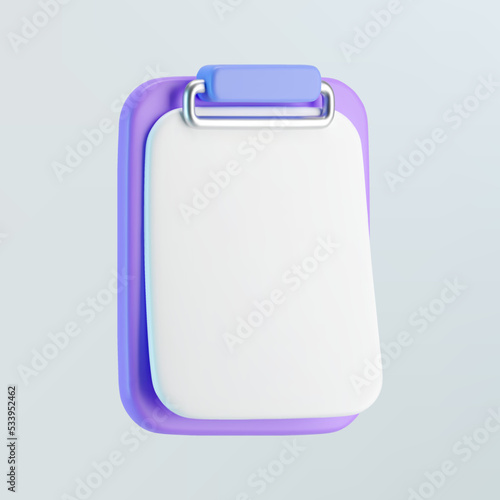 3d purple clipboard icon with blank sheet of paper isolated on gray background. Render clipboard with 3d document for notes, contracts, schedule, work planning. 3d cartoon simple vector illustration