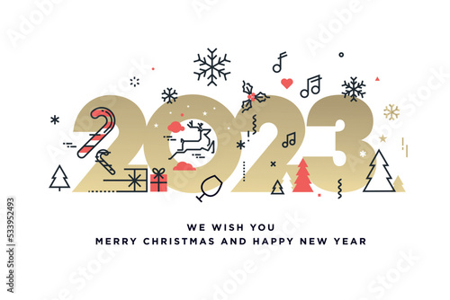 2023 Merry Christmas and Happy New Year. Vector illustration concept for background, greeting card, party invitation card, website banner, social media banner, marketing material.