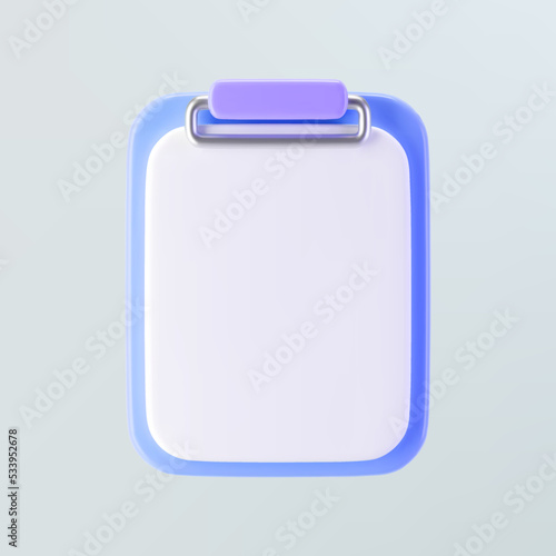 3d purple clipboard icon with blank sheet of paper isolated on gray background. Render clipboard with 3d document for notes, contracts, schedule, work planning. 3d cartoon simple vector illustration