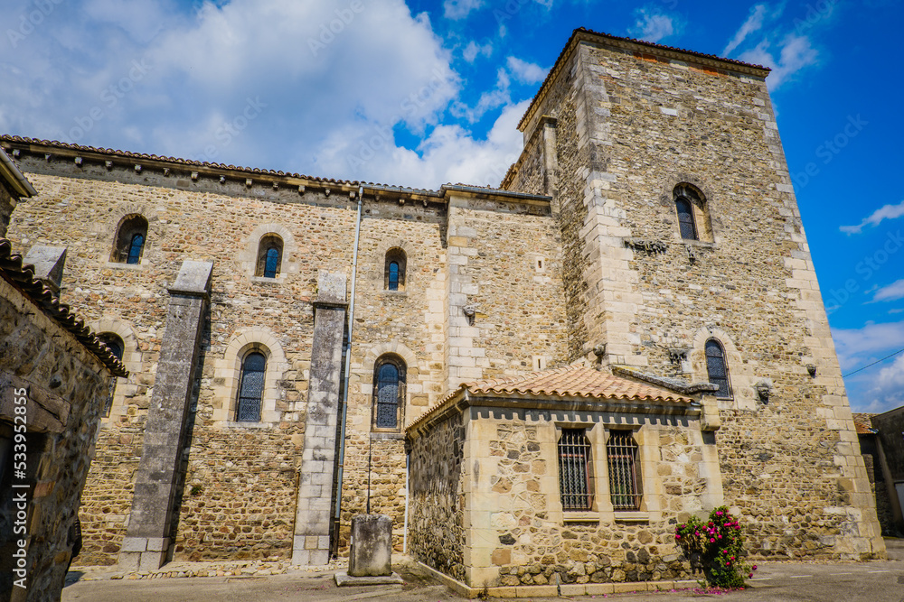 View on the romanesque church of Saint Pierre de Champagne in Ardeche, France