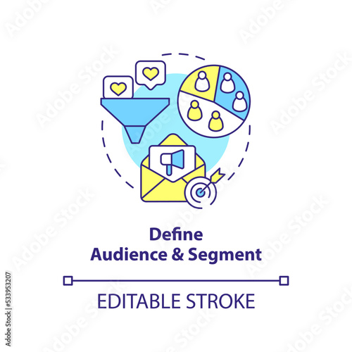Define audience and segment concept icon. Buyers attraction. Lead nurturing campaign abstract idea thin line illustration. Isolated outline drawing. Editable stroke. Arial, Myriad Pro-Bold fonts used