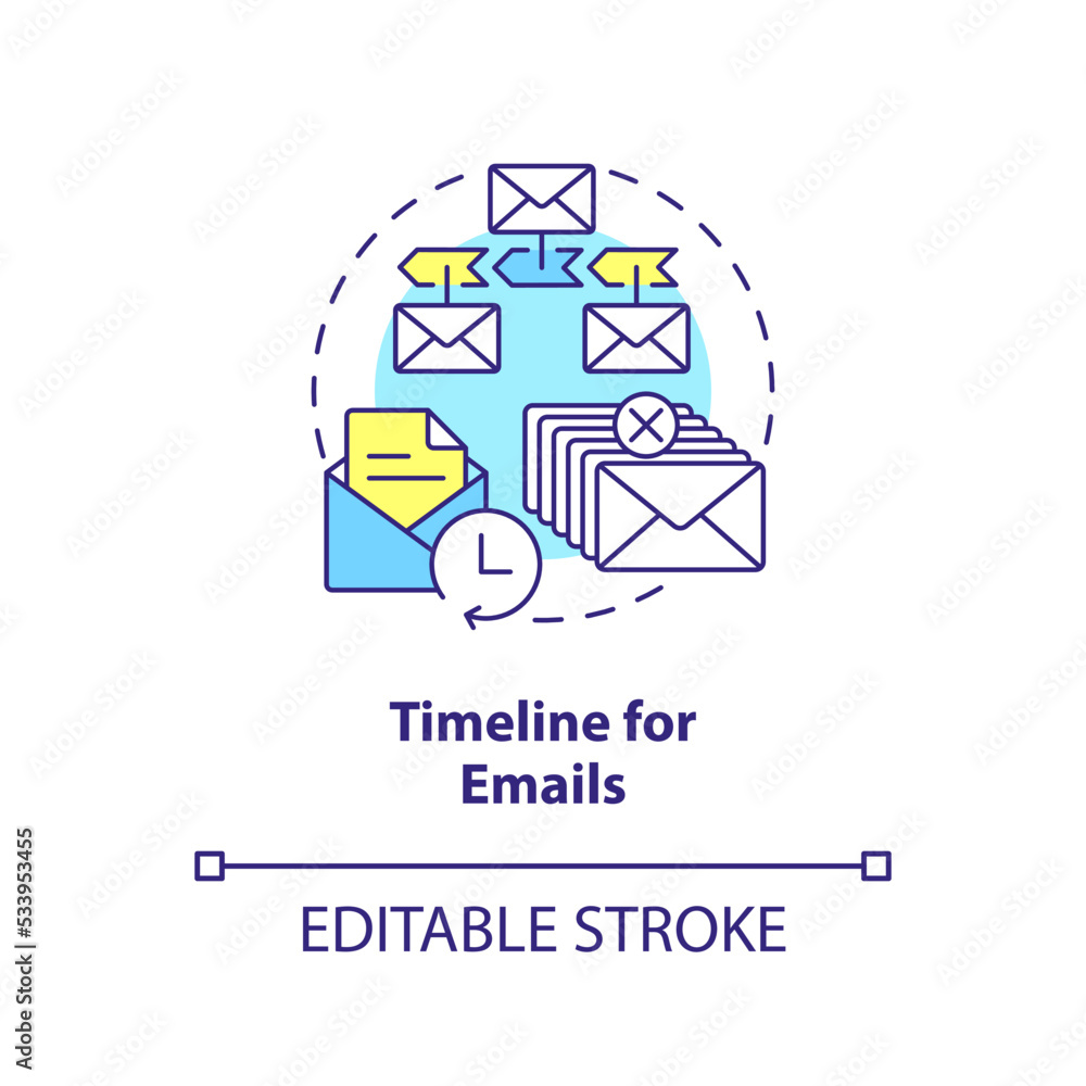 Timeline for emails concept icon. Sending schedule. Lead nurturing campaign abstract idea thin line illustration. Isolated outline drawing. Editable stroke. Arial, Myriad Pro-Bold fonts used Timeline for emails concept icon. Sending schedule. Lead nurturing campaign abstract idea thin line illustration. Isolated outline drawing. Editable stroke. Arial, Myriad Pro-Bold fonts used
