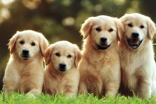 Cute golder retriever family with two puppies portrait, digital art illustration made with generative AI