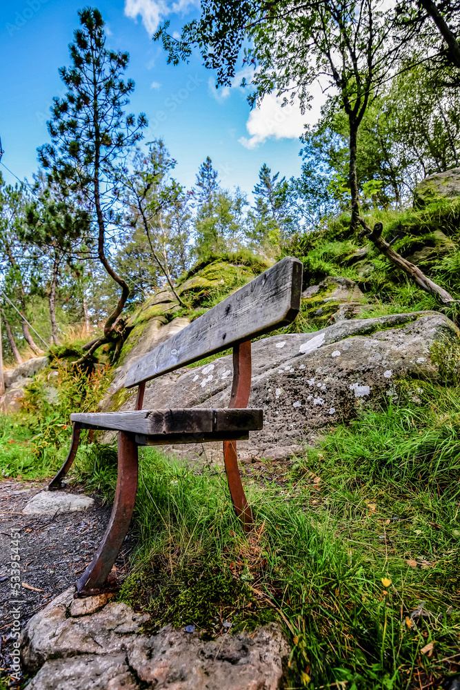 Close-up bench in the middle of Norwegian nature Close-up bench in the middle of Norwegian nature