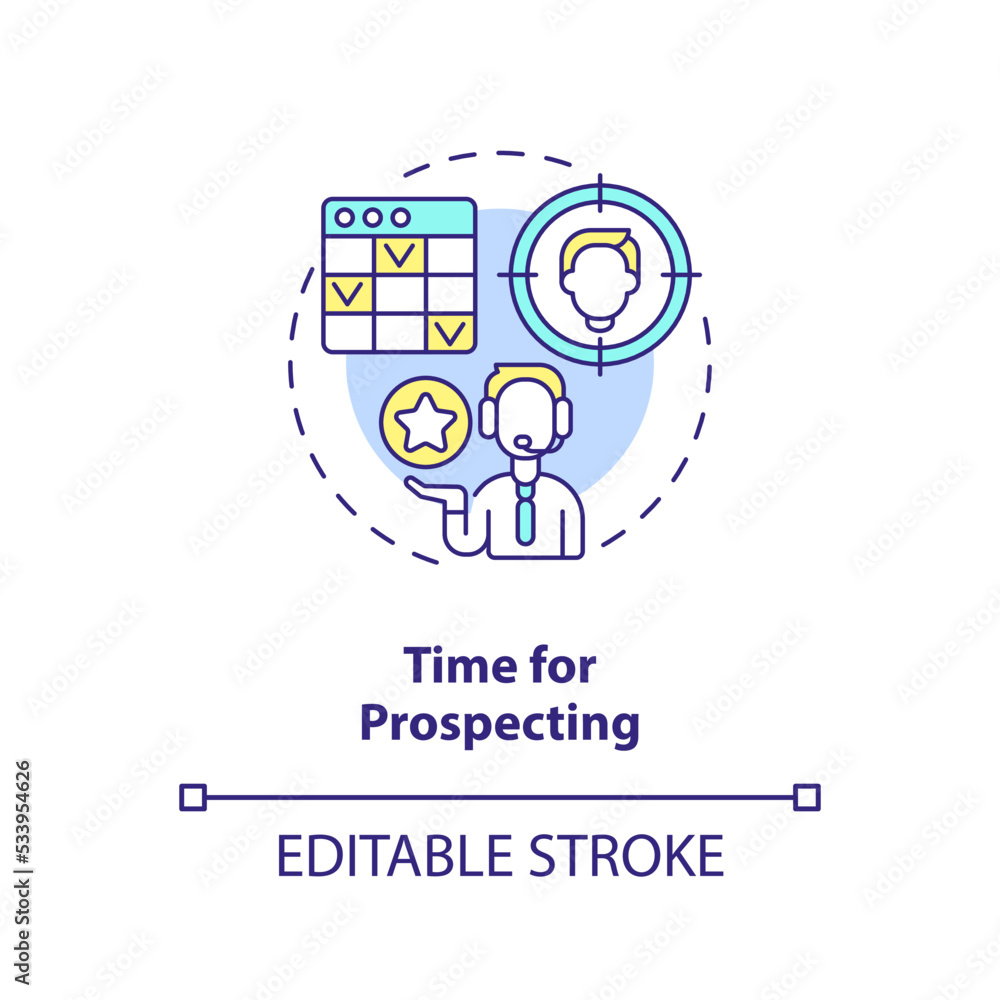 Time for prospecting concept icon. Cold leads processing. Sales increasing technique abstract idea thin line illustration. Isolated outline drawing. Editable stroke. Arial, Myriad Pro-Bold fonts used Time for prospecting concept icon. Cold leads processing. Sales increasing technique abstract idea thin line illustration. Isolated outline drawing. Editable stroke. Arial, Myriad Pro-Bold fonts used