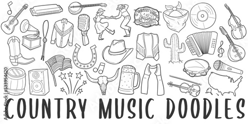 Country Music Doodle Icons. Hand Made Line Art. American Folk Clipart Logotype Symbol Design.
