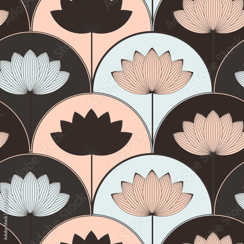 asian style lotus flower seamless pattern in brown blue ivory
