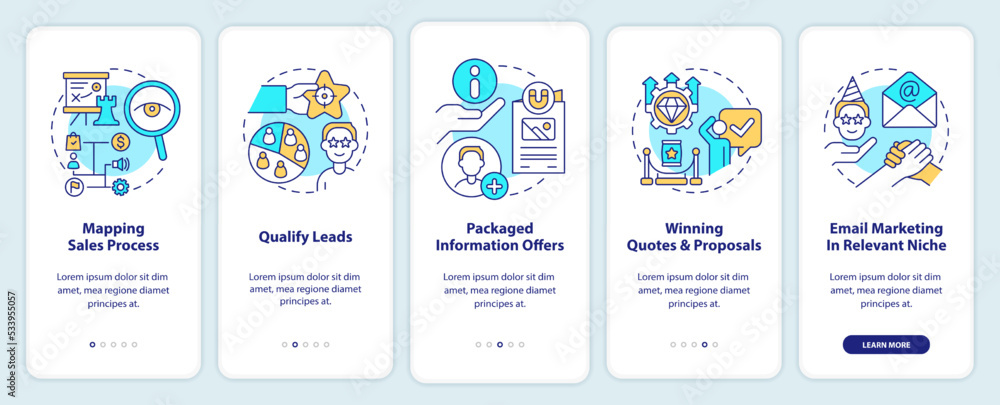 Process of lead conversion onboarding mobile app screen. Advertising walkthrough 5 steps editable graphic instructions with linear concepts. UI, UX, GUI template. Myriad Pro-Bold, Regular fonts used Process of lead conversion onboarding mobile app screen. Advertising walkthrough 5 steps editable graphic instructions with linear concepts. UI, UX, GUI template. Myriad Pro-Bold, Regular fonts used
