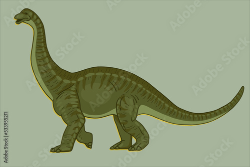 Brontosaurus Dinosaur. Illustration in vintage retro style linocut. Print. Vector. © anna