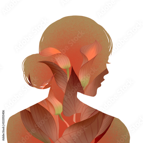 Photography The silhouette of Asian woman, flowers, nature, plants, hair, clouds, sky, surre