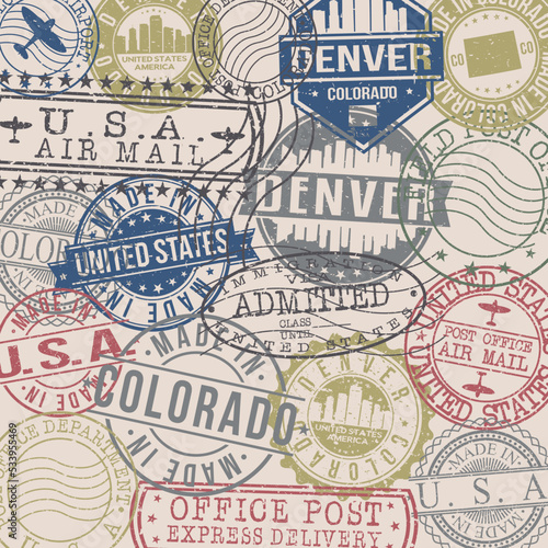 Denver, CO, USA Set of Stamps. Travel Stamp. Made In Product. Design Seals Old Style Insignia.