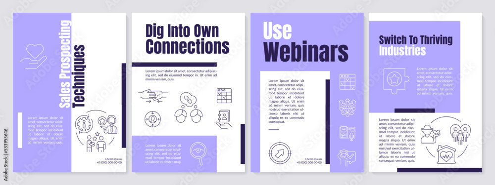 Techniques of sales prospecting purple brochure template. Leaflet design with linear icons. Editable 4 vector layouts for presentation, annual reports. Anton, Lato-Regular fonts used