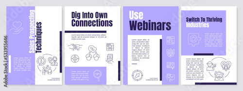 Techniques of sales prospecting purple brochure template. Leaflet design with linear icons. Editable 4 vector layouts for presentation, annual reports. Anton, Lato-Regular fonts used
