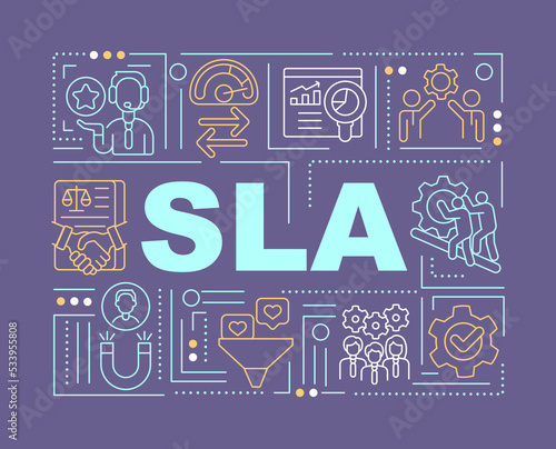 SLA word concepts dark purple banner. Business agreement document. Infographics with editable icons on color background. Isolated typography. Vector illustration with text. Arial-Black font used