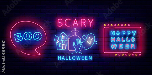 Halloween neon labels collection. Boo sign. Scary Halloween emblem. Spooky holiday. Vector illustration