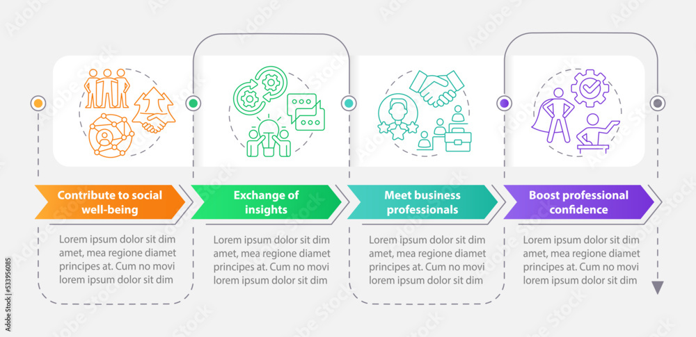 Network boosting career growth rectangle infographic template. Data visualization with 4 steps. Editable timeline info chart. Workflow layout with line icons. Myriad Pro-Bold, Pro-Regular fonts used